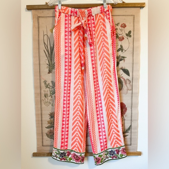 NWT Anthropologie Farm Rio Geometric Floral Embroidered Striped Pants Pink XS - Picture 1 of 16